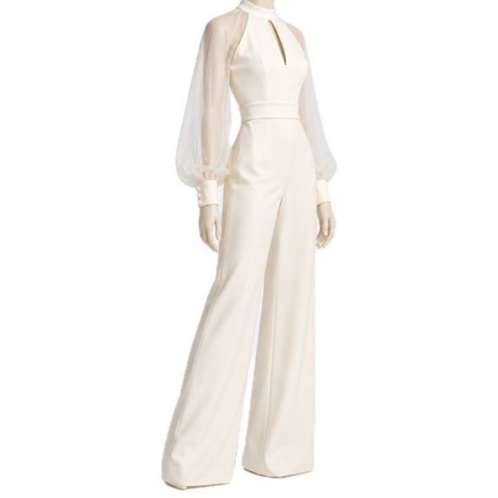 SAFIYAA Ivory Silk Sleeve Wide Leg Jumpsuit | Unattached Buttoned Belt | US Sz 6